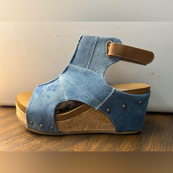 NIB Brand New In Box Very G Lala Denim Jean Patchwork Wedge Heels Sandals - Picture 5 of 5